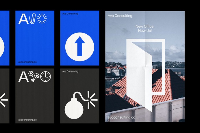 New logo, custom typeface, posters, banners, supergraphics and tote bags for Nordic technology and management consultancy Avo designed by Blee