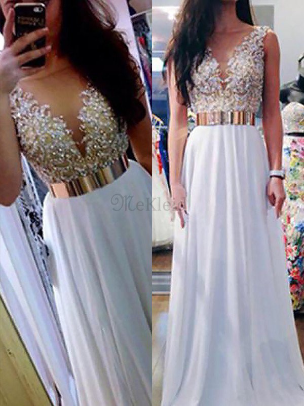 A-Line Ärmelloses Prinzessin V-Ausschnitt Abendkleid aus Chiffon