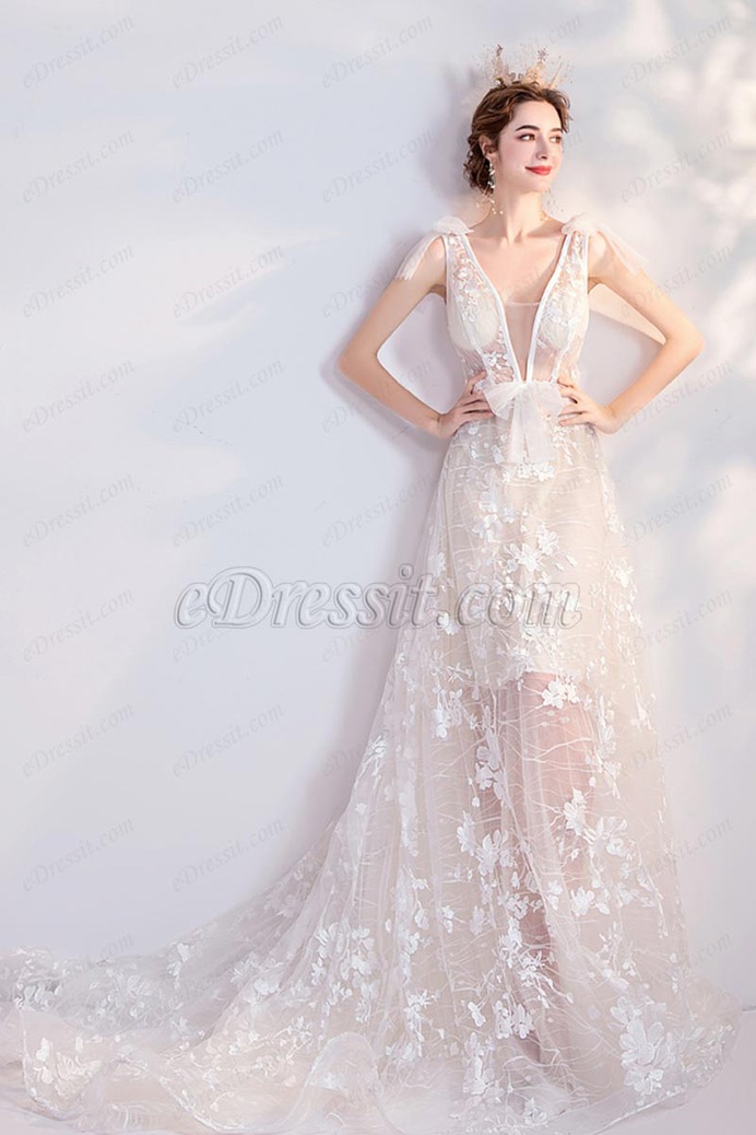 eDressit Sexy Deep V-Cut Lace Tulle Long Wedding Bridal Dress (36227207)