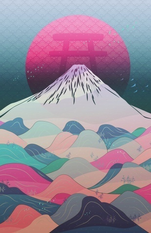 "Dreaming of Japan" #Japan #Fuji #illustration #design #kids #decor #birds #moon #nature #art