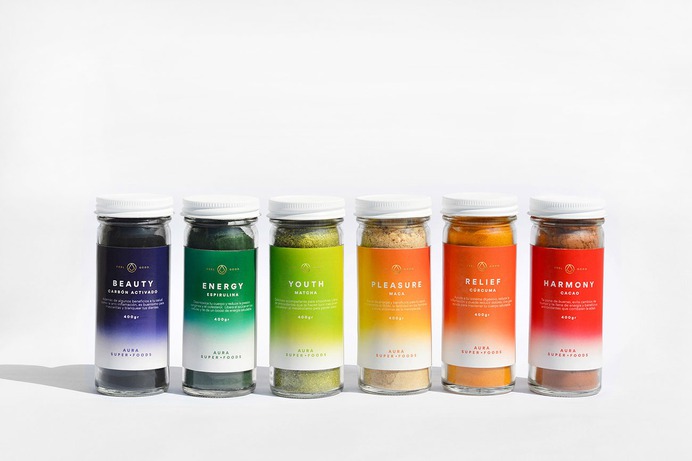 AURA Superfoods Packaging - Mindsparkle Mag Panel Studio designed Aura, a superfood brand inspired by the power of color and emotion. #logo #packaging #identity #branding #design #color #photography #graphic #design #gallery #blog #project #mindsparkle #mag #beautiful #portfolio #designer