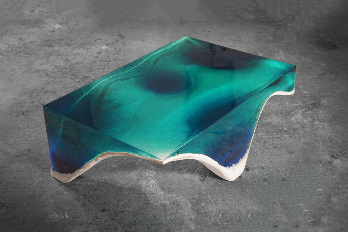 Bring the Ocean to Your Living Room With the delMare Table A mesmerizing piece made of blue and green marble and acrylic glass.