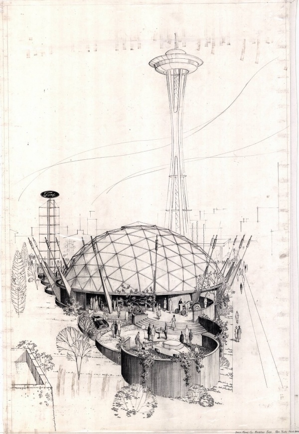 Under+the+geodesic+dome+of+the+Ford+Pavilion,+visitors+were+entertained+by+a+simulated+flight+to+outer+space+in+a+model+rocket+ship.jpg (image) #needle #illustration #concept #space