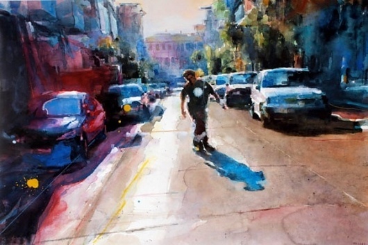 christopher st. leger - many horses #urban #city #painting #street #skateboard #watercolor