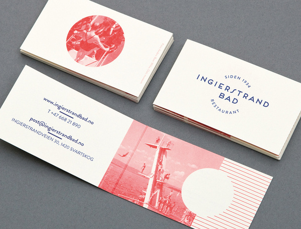 Logo and print with vintage red tinted photography detail designed by Uniform for recently refurbished Norwegian restaurant Ingierstrand Bad #oslo #norway #uniformno #uniform
