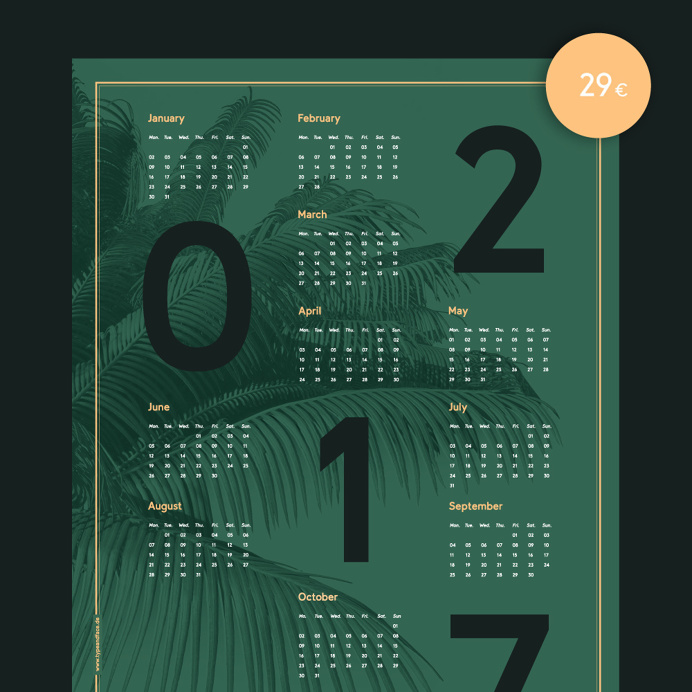 New beautiful dark green poster 2017 calendar poster in the size of 50 x 70 cm with nice big bold typography and golden golden and peach col