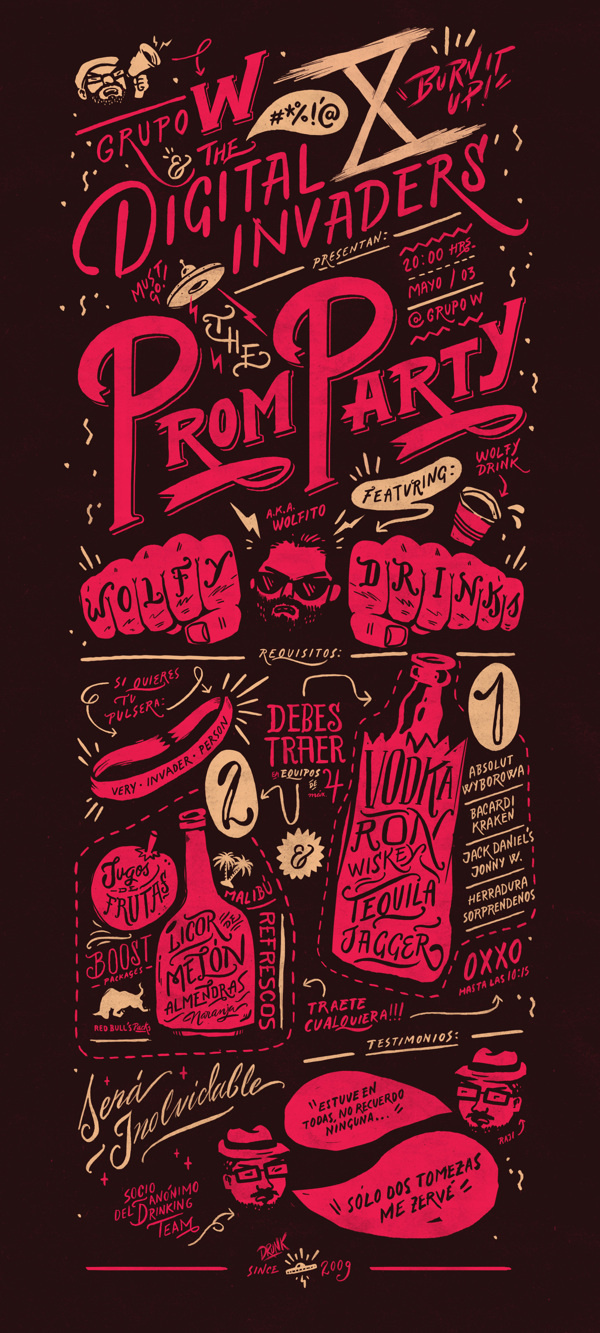 Digital Invaders Prom Party #lettering #drink #print #design #party #handmade #poster #typography