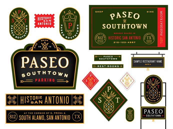 Historic San Antonio business card signage neon logo stamp crown lantern pineapple