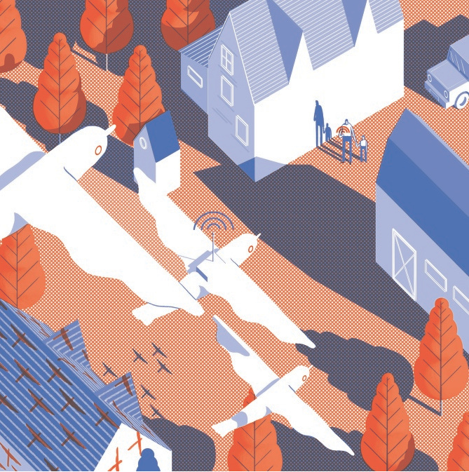 illustration, bird, house, orange, blue, tree, neighborhood
