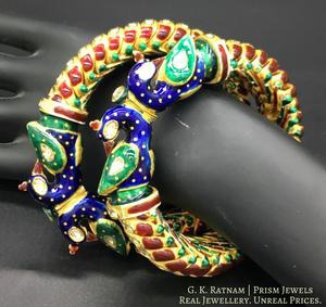 22k Gold and Diamond Polki snake-like Bangle Pair with multi-color enamelling - gold diamond polki kundan meena jadau jewellery
