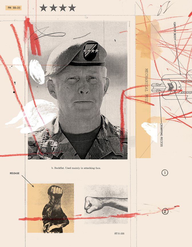 Illustration: collaged images from "Hand to Hand Fighting" and a photo of General Raymond A. "Tony" Thomas