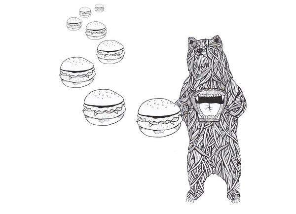 illustration for cosebelle #parolebelle #illustration #cosebelle #hamburgers #bear #gargantuesco #bw #mouth