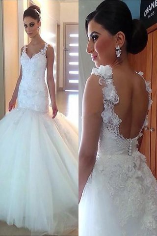 Robe de mariée de col en v pétillant de sirène decoration en fleur naturel - photo 1