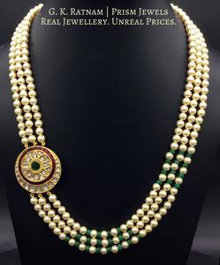 23k Gold and Diamond Polki Broach Necklace with round tikda strung in pearls and emerald-grade green beryls - gold diamond polki kundan meena jadau jewellery