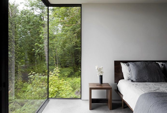 Bedroom with floor-to-ceiling windows. Case Inlet Retreat by Mw|works. © Jeremy Bittermann. #bedroom