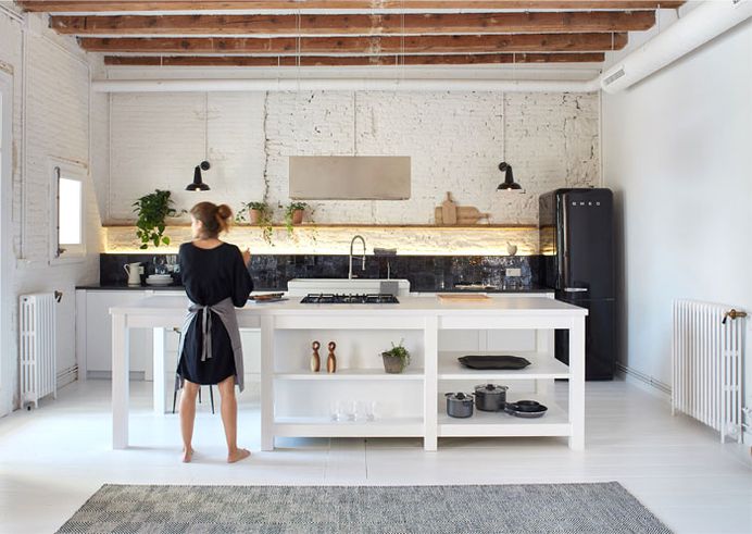 Brick Walls and Wooden Roof Structures Give Character to Barcelona Apartment #kitchen #furniture #decor #interior