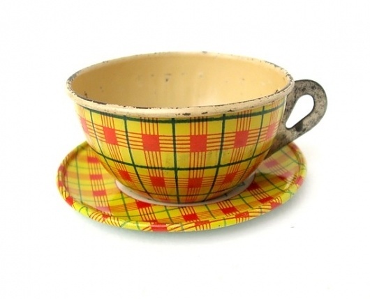 Vintage PLAID with SCOTTIE DOG Tin Cup and Saucer by sushipotparts #cup #saucer #plaid #vintage