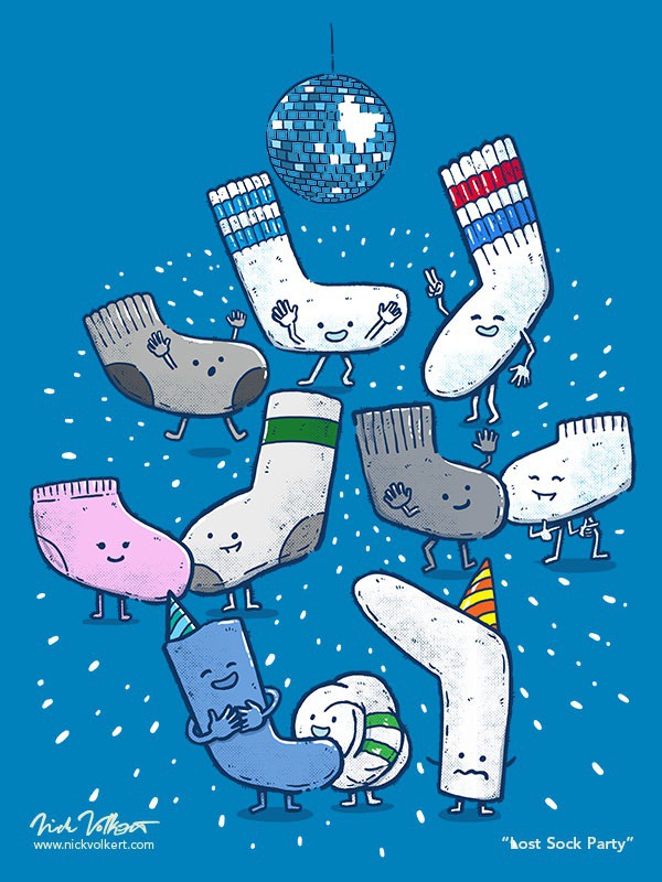 Lost Sock Party is where all those socks you are missing boogie down! #lost #sock #socks #illustration #party #crystalball #dance