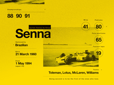 enna. A legend. My Hero. A statistic composition for Ayrton Senna, for me the best driver to ever race in Motorsport.