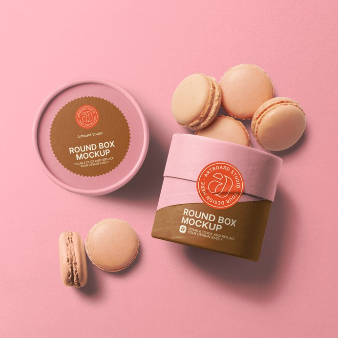 Customize the round box mockup items. Place your own label and packaging design, change the color of the macarons. You can adjust filter effects and background color to get the most realistic results. Create your own round box packaging mockup scene. #mockup #roundbox #box #macaron #dessert #cafe #branding #logo #package #packaging #sticker #label #color