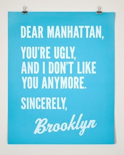 Dear Manhattan Sincerely Brooklyn Poster by FourthFloorPrintShop #manhattan #poster #york #brooklyn #new