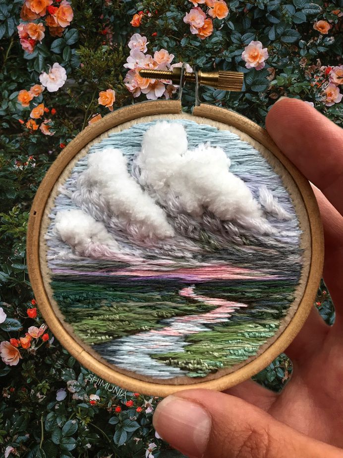 Billowing Clouds and Rainbow-Hued Sunsets Created With Textured Embroidery Thread by Vera Shimunia