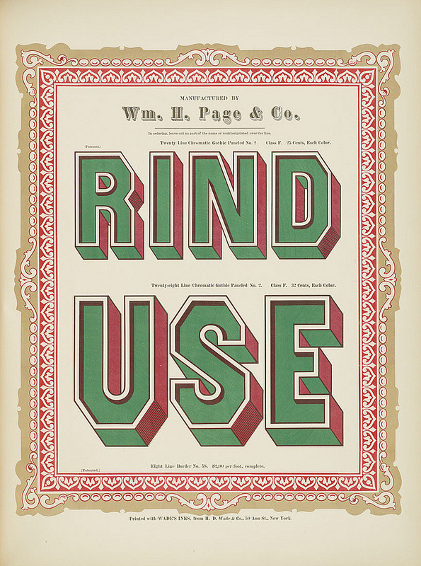 Specimens of chromatic wood type, borders 1874 [via Columbia U] (Rind + Use) Gothic paneled No.2 type #chromatic #print #wood #type #decorative #typography