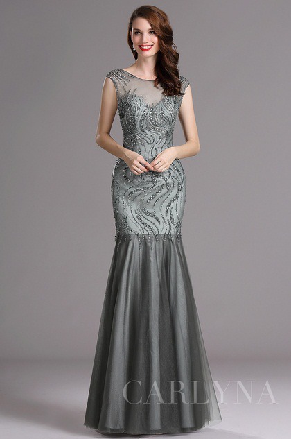 Carlyna Grey Sweetheart Beaded Sleeveless Formal Evening Dress (E60508)