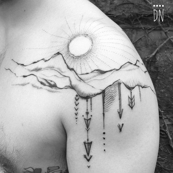 black and white, mountain man, shoulder tattoo, shoulder, and mountain  image inspiration on Designspiration