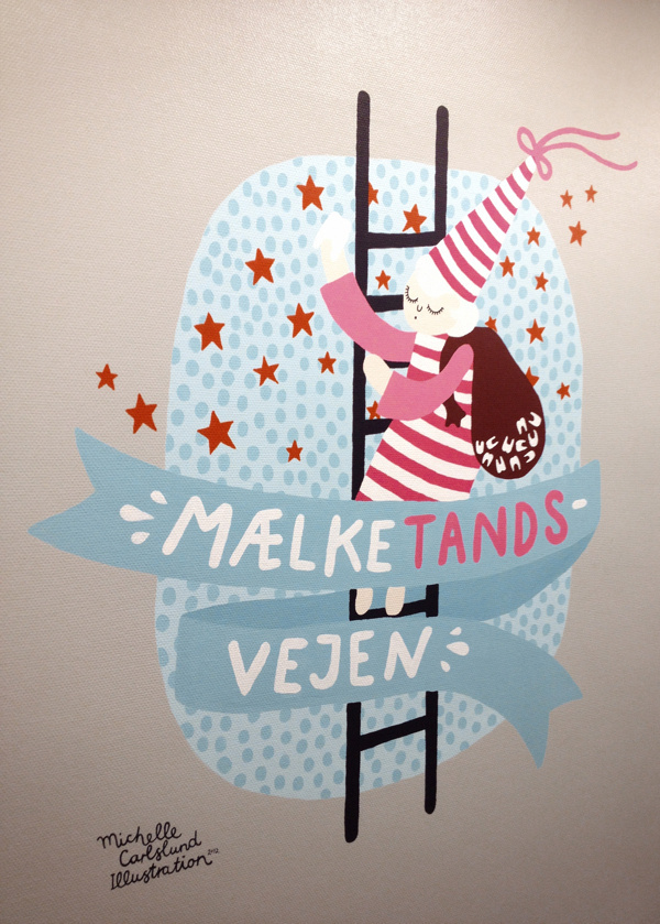 Michelle Carlslund wall paintings for dentist clinique. #teeth #tooth #fairy #milkyway #stars #hat #dreams #ladder #fairyta