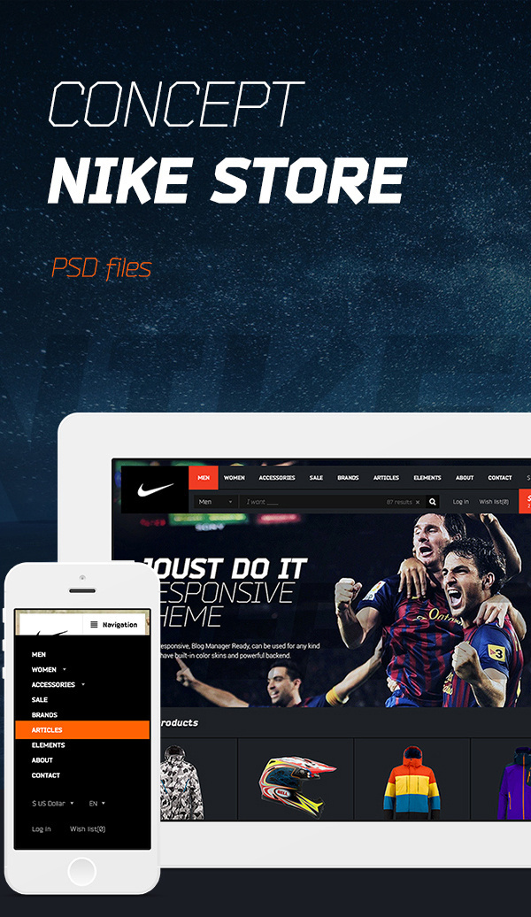 NIKE Concept & Free PSD Pack on Behance #flat #template #hezytheme #shop #psd #free #black #store #ecommerce #nike #concept #webdesign #dark #hezy #web