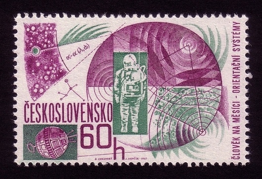 Man on moon and orientation system / Stamp #stamp #print #design #graphic #space #illustration