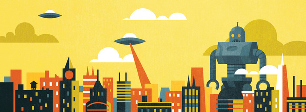city robot v2.jpg #alien #robot #city #yellow #orange #saucer