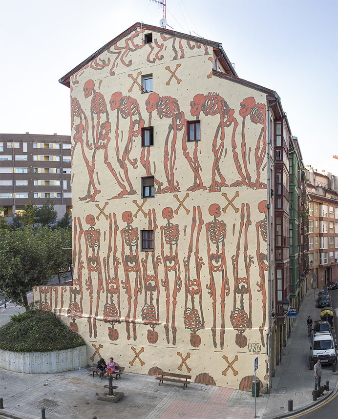 mural, Aryz, skeleton, building #building #aryz #skeleton #mural