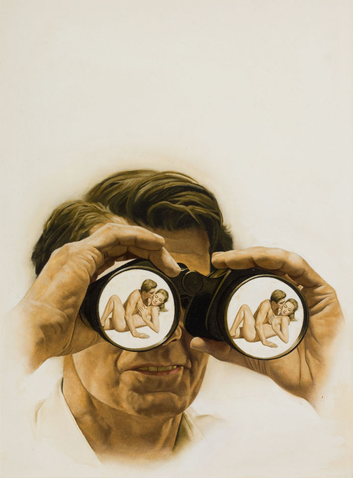through the binoculars vintage pulp art by STANLEY BORACK #spy #voyeur #borack #illustration #pulp #vintage #painting #binoculars