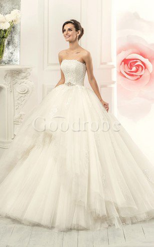 Robe de mariée cordon avec gradins appliques de traîne moyenne en tulle