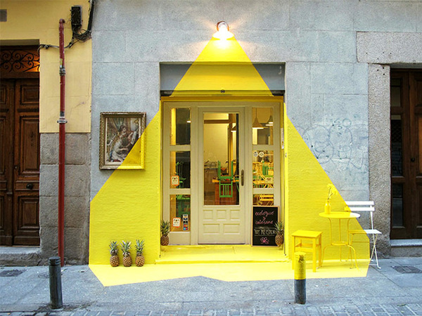 (fos) creates an illuminated installation out of paint and tape #door #yellow #restaurant #light #entrance