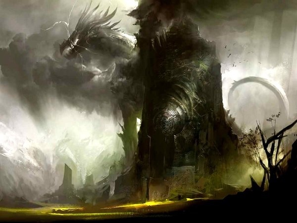 Temple w/ dragon #temple #dragon #fantasy #illustration #dark #storm #magic #monster #character #creature
