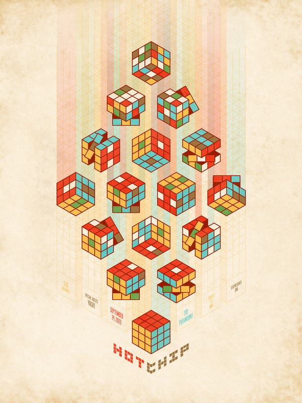 Amazing Hot Chip poster from DKNG. #isometric #gig #design #screenprint #rubiks #posters #poster #overprint #cube
