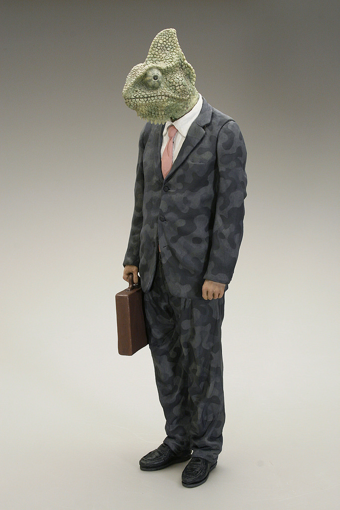 Preview: Alessandro Gallo's "Strani Incontri" at Jonathan LeVine Gallery | Hi-Fructose Magazine #sculpture #bizarre #suitcase #business #businessman #design #head #chameleon #swap #reptile #art #surreal #lizard #work