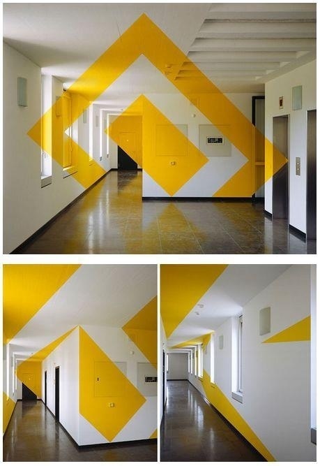 Artist Felice Varini creates breathtaking anamorphic illusions. #yellow #wall