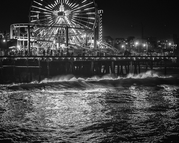 Santa Monica Pier at Night by Colin Gallagher #photography #black and white #pier #fairground