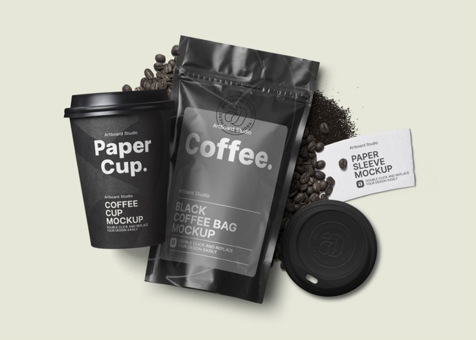 Customize the coffee packaging mockup template. Place your coffee branding design on the mockup items, move items around and change the background color. Create your own coffee packaging mockup template. #mockup #package #packaging #logo #branding #coffee