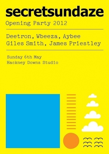 RA Tickets: Secretsundaze 2012 Opening Party at Hackney Downs Studios, London #techno #print #yellow #shapes #flyer