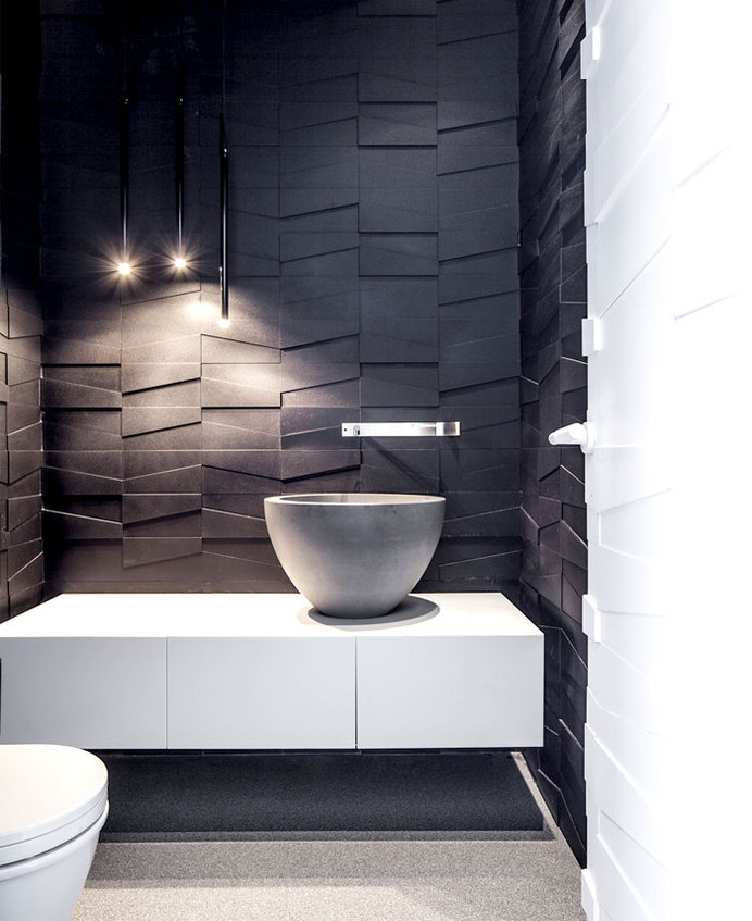 Penthouse Located in Tel Aviv - dark & white monochromatic bathroom #bath #b&w #design #bathroom #wall #dark #3d