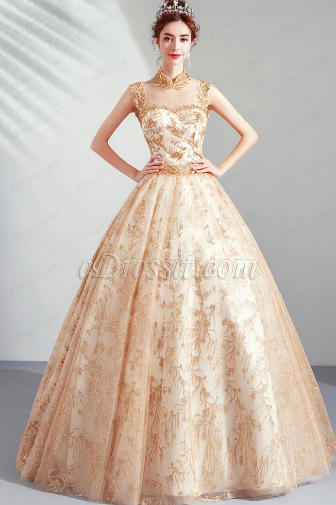 eDressit Gold High Neck Empire Embroidery Party Prom Gown (36224124)