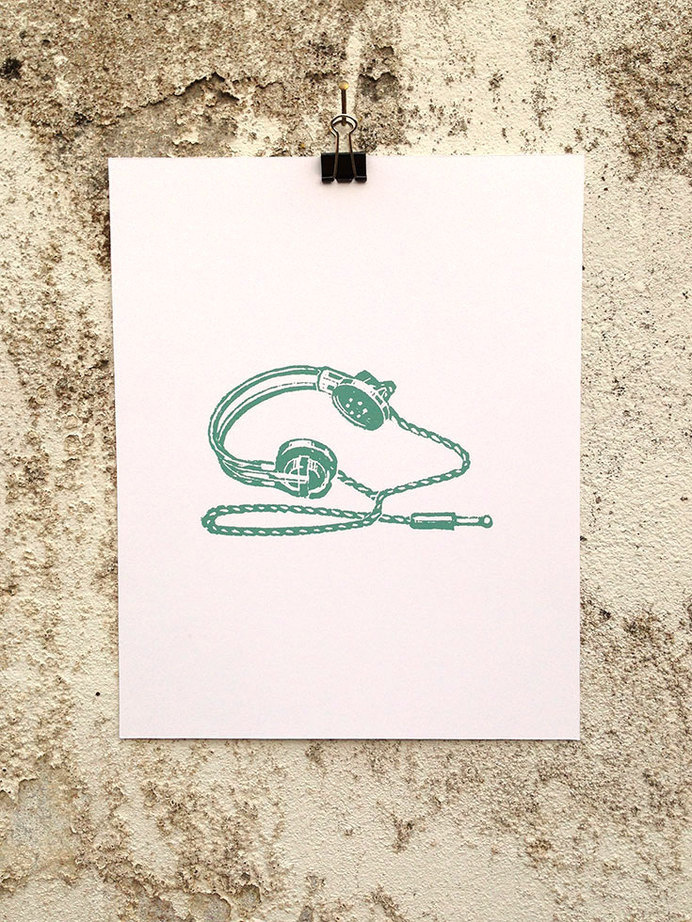 Headphones - 8 x 10 Mini Poster #earbuds #djing #kitsch #retro #headphones #dj #illustration #sound #vintage #etching #music #speakers #records
