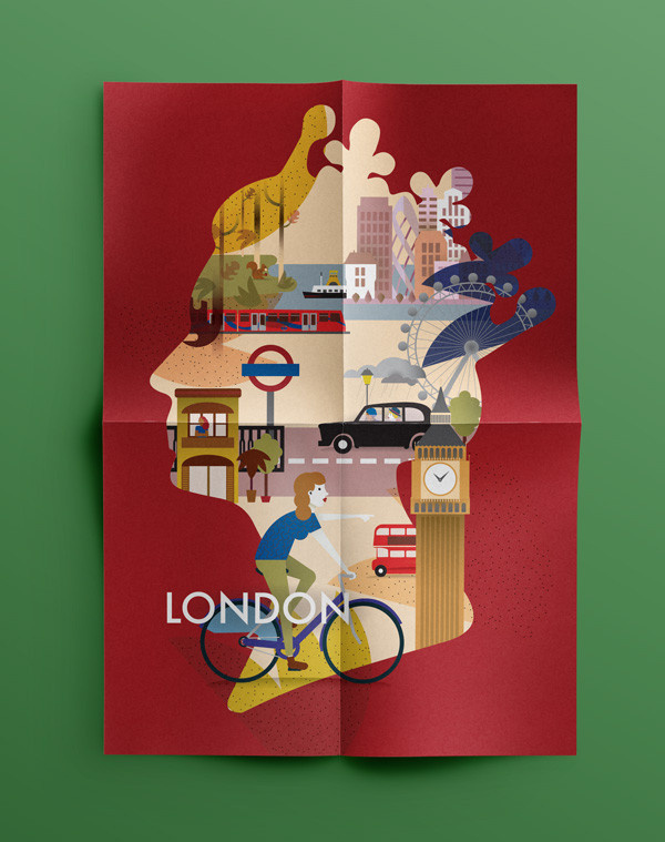 The multifaceted identity of London on Behance, Magda Azab #bicycle #underground #london #big #aoi #queen #illustration #transport #car #poster #face #ben #multicultural #editorial