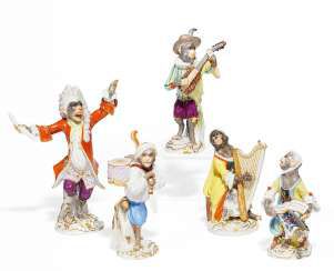 Five musicians from the monkey chapel. Meissen #Sets #Teasets #Porcelainsets #Antiqueplates #Plates #Wallplates #Figures #Porcelainfigurines #porcelain