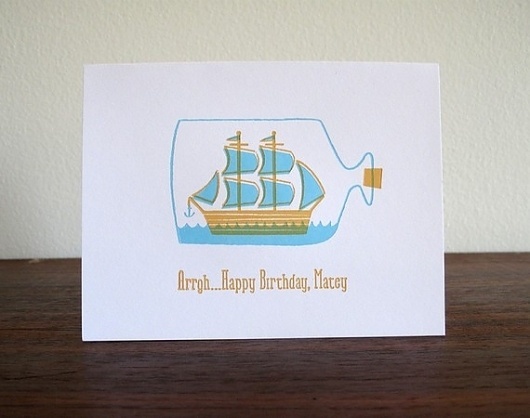 Ship in a Bottle Letterpress Birthday Card by luludee on Etsy #orange #letterpress #illustration #ship #blue